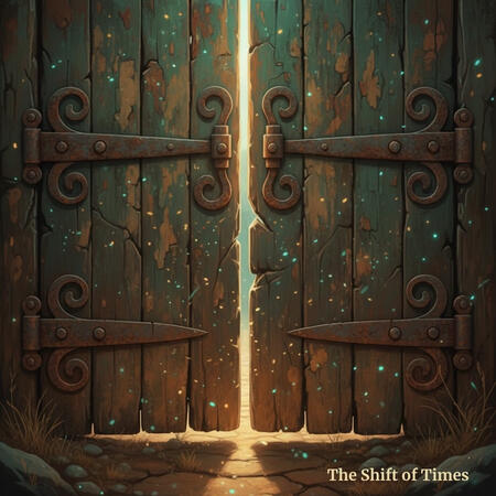 Old city gates under twilight, faint mist curling around the threshold, quiet feeling of curiosity and unease.